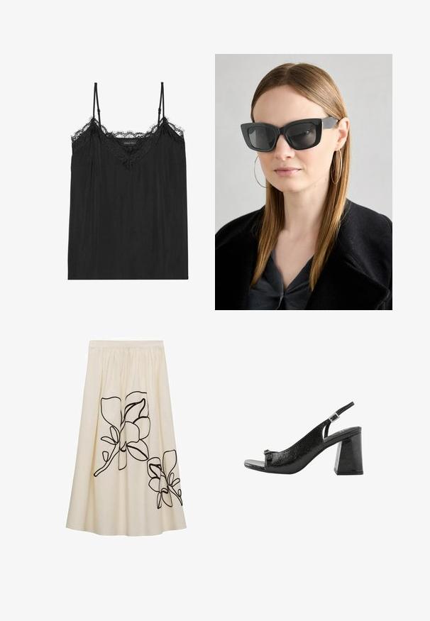 Sort camisole med justerbare spaghetti stropper, der har en bølget blondekant langs udskæringen og en flydende, blød stoftekstur.; Cremefarvet nederdel med sort blomsterbroderi, med en samlet talje og en flydende design, lavet af et let stof.; Next Sandaler - black; Sorte katteøje solbriller med mørke linser, tykke rammer og subtile detaljer. Båret med en sort frakke og en grå bluse, med langt, glat hår.