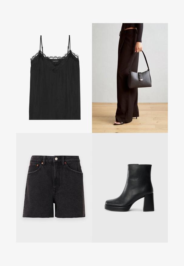 Mustade reguleeritavate õhkjuppudega kampsun, millel on laineline pitsääris kaeluse ääres ja voolav, pehme kangas.; Mustadest denimist kõrge vöökohaga lühikesed püksid, eesmistel taskutel, vasktorud ja nööbiga sulgemine. Omab siledat tekstuuri ja sirget jala disaini.; Must musta ankle boot, milleplokk-konts ja platvormi tallaga, vaadatud küljelt ühetoonilise valge tausta peal.; Must musta kott, millel on struktureeritud kuju, sile tekstuur ja metallist klamber. Kombineeritud laiate mustade pükstega ja avatud varvaste sandaalidega puidust põrandal.