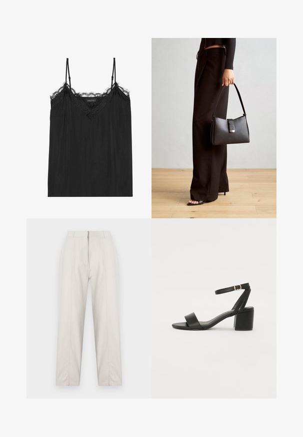 Zwarte camisole met verstelbare spaghetti bandjes, voorzien van een geschulpte kanten rand langs de halslijn en een vloeiende, zachte stofstructuur.; Crème-kleurige broeken met een recht model, voorzien van voorplooidetails, twee zijzakken en een gemiddelde tailleband.; Zwarte hoge sandaal met een soepel leren bovenkant, een open teen, brede voorkruisbanden en een verstelbare enkelband met een gouden gespdetail.; Zwarte handtas met gestructureerde vorm, gladde textuur en een metalen sluiting. Gecombineerd met brede zwarte broeken en sandalen met open teen op een houten vloer.