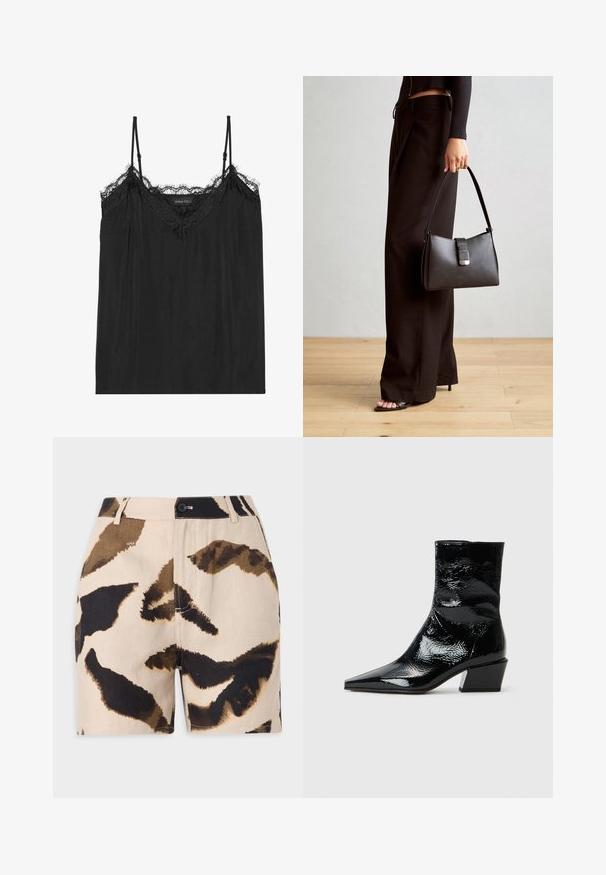 Melnas kamzola ar regulējamiem spageti siksniņām, ar viļņotu mežģīņu apdari ap kakla izgriezumu un plūstošu, mīkstu auduma struktūru.; Beige šorti ar brūnu un melnu abstraktu dzīvnieku rakstu, ar pogu aizdari, jostas cilpām un teksturētu audumu.; Melni patentēti potīšu zābaki ar norādītu purngalu, teksturētu virsmu un masīlu bloku papēdi. Sleek dizains ar gludu, spīdīgu virsmu.; Melnā somiņa ar strukturētu formu, gludu tekstūru un metālu sprādzi. Saskaņota ar platām melnām biksēm un sandālēm ar atvērtu purngalu uz koka grīdas.