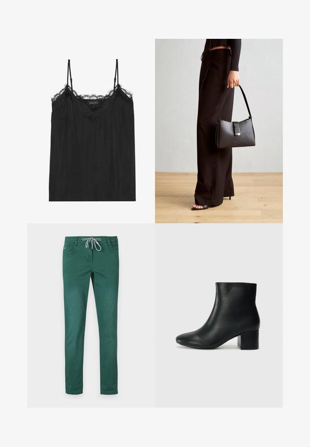 Crna majica bez rukava s podesivim trakama na ramenima, s valovitom čipkastom obrubom duž dekoltea i laganom, mekanom teksturom tkanine.; Zelene hlače od pamučne mješavine s ravnim krojem, elastična traka s uzicom u struku i dva prednja dzepa. Glatka tekstura i bez uzoraka.; Crne kožne čizme do članaka s uskim vrhom i debelim potplatom. Glatka tekstura s minimalnim detaljima i elegantan, prilagođen dizajn.; Crna torba s oblikom koji sadrži strukturu, glađu teksturu i metalnu kopču. Uparena s širokim crnim hlačama i sandalama na otvorenom s drvenog poda.