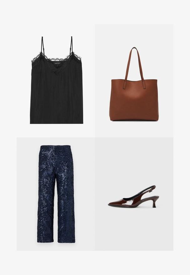 Svart korgtop med justerbara spaghettiband, med en scalloped spetskant längs halslinningen och en flödande, mjuk tygkänsla.; Marina palazzo-byxor med paljetter, med varierande strukturerade mönster och ett mjukt, elastiskt midjeband för komfort.; Brun lackläder slingback-sko med spetsig tå och en måttlig klack. Utrustad med en spännband för säker passform. Slät textur.; Brun läder tote-väska med en slät textur, öppen toppdesign och två axelremmar. Har minimal söm och ingen synlig metalldetalj.