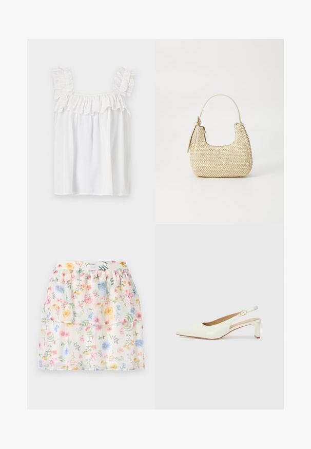 Balta bez piedurknēm blūze ar viļņveida akcentiem uz pleciem un apkakles, izgatavota no viegla auduma ar brīvu piegriezumu.; Balta, ziedu raksta svārku ar kārtām, kas rotāta ar maigiem ziediem un zaļiem akcentiem. Izgatavoti no viegla auduma, ar savelktiem jostas galiem.; Balta patent ādas sandale ar norādītu purngalu un zemu blokus papēdi. Satur smalku siksniņu ar zelta krāsas sprādzi.; Aušana salmu rokassoma béigā krāsā ar izliekto formu, īsu rokturi un sānu rāvējslēdzēju. Iespējas teksturēta virsma un minimālistisks dizains.