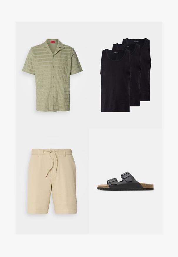 Majica kratkih rukava u svijetlozelenoj boji, od teksturirane tkanine s izmjeničnim horizontalnim prugama, sa zatvaranjem na dugmad i džepom na prsima s logotipom.; Crni pamučni majici bez rukava u paketu od tri komada, s okruglim izrezom, glatkom teksturom i klasičnim krojem.; Bež kratke hlače od strukturirane tkanine, koje imaju elastičnu waistband s uže i bočne džepove za funkcionalnost.; Crne ljudeće sandale s dva podesiva kopčanja, teksturirana podloga za stopala i podloga slična plutu. Ima ravni, široki dizajn za udobnost.