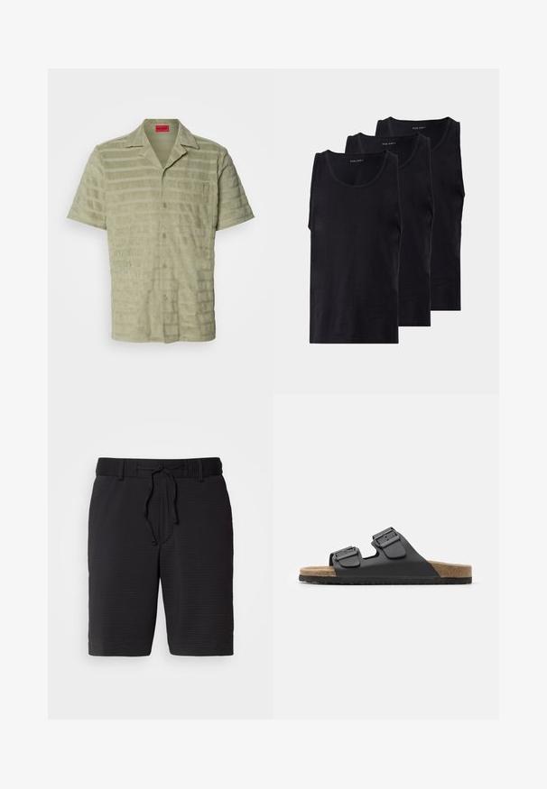 Short-sleeve shirt in light green, textured fabric with alternating horizontal stripes, button closure, and a chest pocket with logo detail.; Black cotton tank tops in a pack of three, featuring a round neckline and sleeveless design, smooth texture, and a classic fit.; Black shorts with a textured pattern, elastic waistband, and adjustable drawstring for fit. Mid-thigh length, simple design with no visible pockets.; Black slide sandal with two adjustable buckles, textured footbed, and cork-like sole. Features a flat, wide design for comfort.