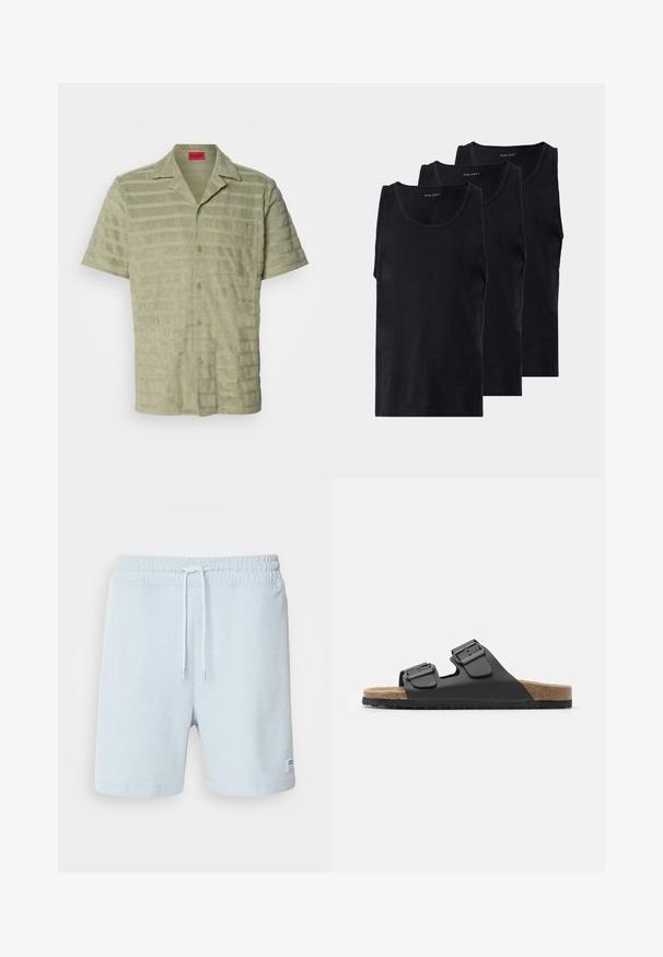 Short-sleeve shirt in light green, textured fabric with alternating horizontal stripes, button closure, and a chest pocket with logo detail.; Black cotton tank tops in a pack of three, featuring a round neckline and sleeveless design, smooth texture, and a classic fit.; Light blue ribbed shorts with an elastic waistband, drawstring details, and a small label on the left side. Soft cotton material.; Black slide sandal with two adjustable buckles, textured footbed, and cork-like sole. Features a flat, wide design for comfort.