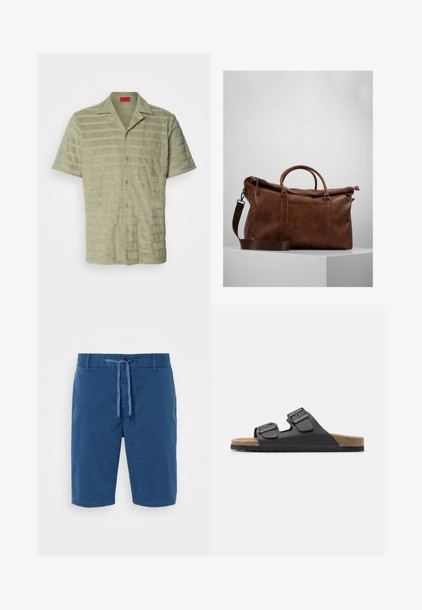 Short-sleeve shirt in light green, textured fabric with alternating horizontal stripes, button closure, and a chest pocket with logo detail.; Blue cotton shorts with an elastic waistband, drawstring closure, side pockets, and a smooth texture. No patterns or accents visible.; Black slide sandal with two adjustable buckles, textured footbed, and cork-like sole. Features a flat, wide design for comfort.; Brown leather duffle bag with a zip closure, double handles, adjustable shoulder strap, and visible texture patterns on the surface.