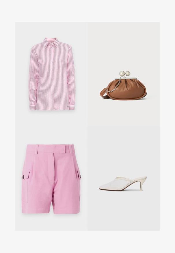 Chemise à manches longues en lin rayé rose et blanc, dotée d'un col classique, d'une fermeture à boutons à l'avant et de manches avec des poignets à accents rayés.; Shorts rose clair avec un design ajusté, devant plat, poches latérales avec fermetures à bouton et une texture de tissu lisse.; Mule blanches en mesh avec un bout pointu, un talon moyen élancé et un design à enfiler, sur un fond uni.; Pochette en cuir marron avec un fermoir à boule en argent et un petit détail en chaîne argentée sur fond blanc.