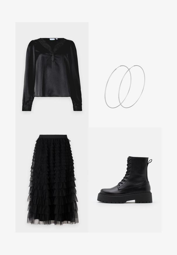 Černá saténová blůza s dlouhými rukávy, krajkovým lemem u výstřihu a vyšívanými detaily na manžetách. Hladká textura, strukturovaný střih.; Vero Moda VMNAJA RUFFLE SKIRT - Maxi sukně - black; Černé kožené kotníkové boty s kulatou špičkou, šněrováním na přední straně a silnou gumovou podešví s texturovaným vzorkem. S poutkem vzadu.; Stříbrné kruhové náušnice s minimalistickým designem. Kruh, hladký povrch a tenký profil. Lehká konstrukce s lesklým povrchem.
