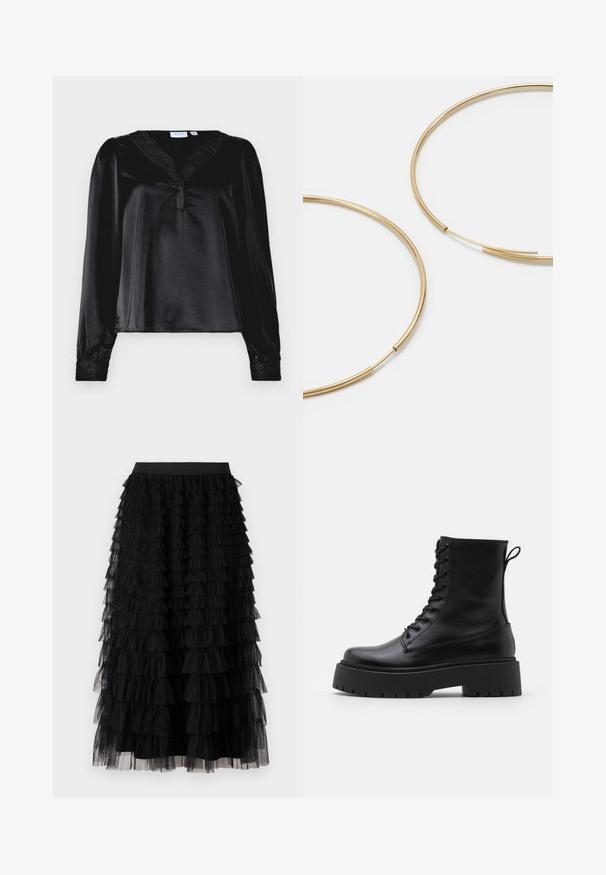 Melnā satīna blūze ar garām piedurknēm, mežģīņu apdare ap kaklu un izšūti akcenti uz aprocēm. Gluda tekstūra, strukturēta piegriezuma.; Vero Moda VMNAJA RUFFLE SKIRT - Maksi svārki - black; Melni ādas potītēm zābaki ar apļveida purngalu, auklām priekšpusē un biezu gumijas zoli ar teksturētu protektoru. Velkšanas cilpa aizmugurē.; Zelta krāsas auskari gredzena formā, plāni un apaļi, ar gludu metāla apdari un bez rotājumiem vai zīmējumiem.