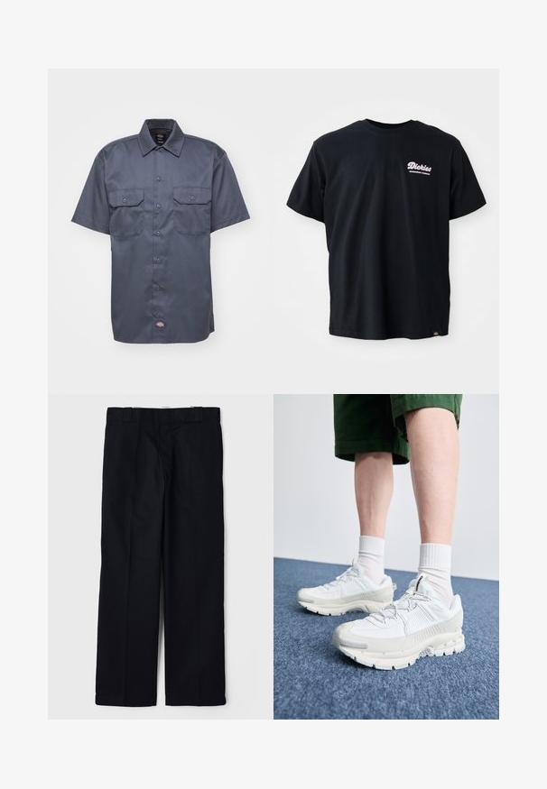 Camisa de manga curta em azul marinho escuro, feita de um tecido suave, com um fecho de botões à frente, dois bolsos no peito e um pequeno logótipo na bainha inferior.; T-shirt de algodão preto com mangas curtas, decote redondo e um logótipo rosa no lado esquerdo do peito. Apresenta uma etiqueta na bainha inferior esquerda.; Calças pretas feitas de um tecido suave, com um design de perna reta, bolsos laterais e um cós clássico com passantes para cinto.; Sapatos atléticos brancos com sobreposições texturizadas, sola espessa e detalhes em cinza. Usados com meias brancas até ao tornozelo e calções verdes sobre uma superfície azul.