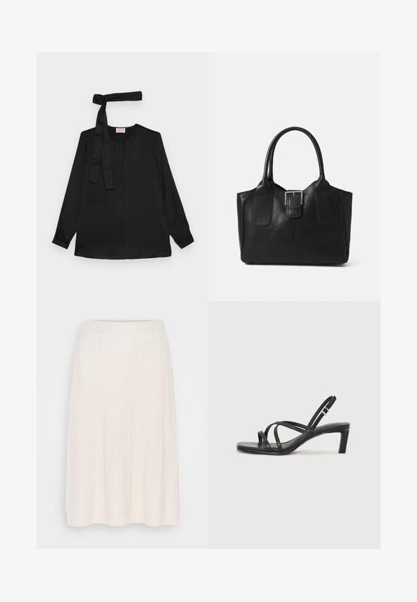 Svart bluse med lange ermer i glatt stoff, med knepping foran og en knyttedetalj ved halsen. Klassisk krage og mansjetter.; Hvit ribbestrikket skjørt med elastisk midje, som faller til midt på leggen. Har vertikale linjer og en myk tekstur. Enkel A-linjeform.; Sorte sandaler med stropper, firkantet tå og lav blokk hæl. Har flere tynne stropper og en justerbar ankelstropp. Laget av glatt lær.; Svart skinn toteveske med jevn tekstur, strukturert form, to håndtak og en fremtredende sølvspenne foran.