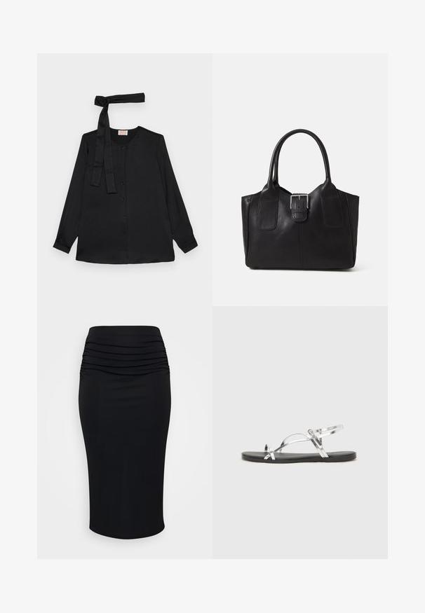 Svart långärmad blus i mjukt tyg, med knäppning framtill och en knytning vid halslinningen. Klassisk krage och ärmslut med manschett.; Svart blyertskjol med rynkad textur vid höften, tillverkad av stretchigt tyg. Slät yta, knä-lång design utan synlig hårdvara.; Silverfärgade metalliska sandaler med en minimalistisk design, som har tunna remmar och en svart platt sula. Höjdpunkter inkluderar korsremmar.; Svart läder tote-väska med slät yta, strukturerad form, två handtag och en framträdande silverfärgad spänne på framsidan.