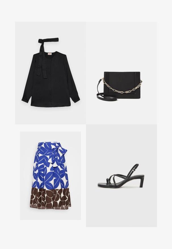 Musta pitkähihaine paita sileästä kankaasta, jossa on napitettava etuosa ja nauhan yksityiskohta kauluksessa. Klassinen kaulus ja hihansuissa napit.; Sininen ja valkoinen hame, jossa on rohkea lehtikuosi, sidottava vyötärö ja ruskea kukkareunus. Valmistettu kevyestä kankaasta.; Mustat hihnalligat, joissa on neliön muotoinen kärki ja matala lohkokorko. Ominaisuuksiin kuuluu useita ohuita hihnoja ja säädettävä nilkkahihna. Valmistettu sileästä nahasta.; Musta nahkainen olkalaukku, jossa on sileä pinta, suorakulmainen muoto ja metalliketju yksityiskohtana edessä. Mukana säädettävä hihna.