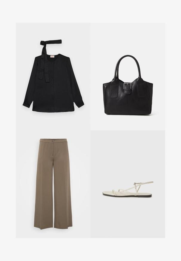 Schwarze Bluse mit langen Ärmeln aus glattem Stoff, mit einer Knopfleiste vorne und einer Schleife am Kragen. Klassischer Kragen und geknöpfte Ärmel.; Weite Hosen aus einem einfarbigen braunen Stoff, mit einem Knopfverschluss, flachem Vorderteil und glatter Textur, entworfen für eine lockere Passform.; Beige flache Sandale mit mehreren schlanken Riemen und einer verstellbaren Schnalle. Die Sohle ist flach und hat einen leichten dunklen Kontrast am Rand.; Schwarze Leder-Tote mit glatter Textur, strukturiertem Design, zwei Griffen und einem auffälligen silbernen Schnallen-Detail auf der Vorderseite.