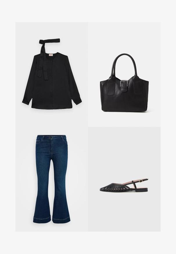 Black long-sleeve blouse in smooth fabric, featuring a button-down front and a tie detail at the neckline. Classic collar and cuffed sleeves.; Dark blue flared jeans made of denim, featuring five pockets, a button closure, and contrast stitching at the hem.; Black slingback sandals featuring an open design with vertical slats, a pointed toe, and a small ankle strap with a buckle.; Black leather tote bag with smooth texture, structured shape, two handles, and a prominent silver buckle detail on the front.