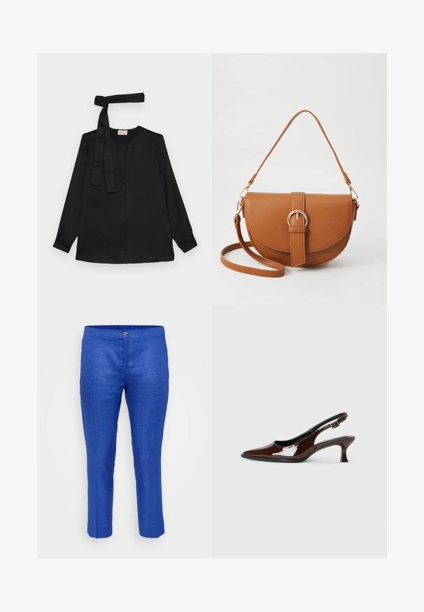 Svart bluse med lange ermer i glatt stoff, med knepping foran og en knyttedetalj ved halsen. Klassisk krage og mansjetter.; Herre shorts i livlig blå lin, med knappelukking, glatt tekstur og rett silhuett med subtile folder.; Brune patentlæder slingback sko med spids tå og moderat hæl. Har en spænde rem for sikker pasform. Glat tekstur.; Brun lærcrossbody-veske med en buet form, gullhardware og et spenneakcent. Har en avtakbar skulderreim.