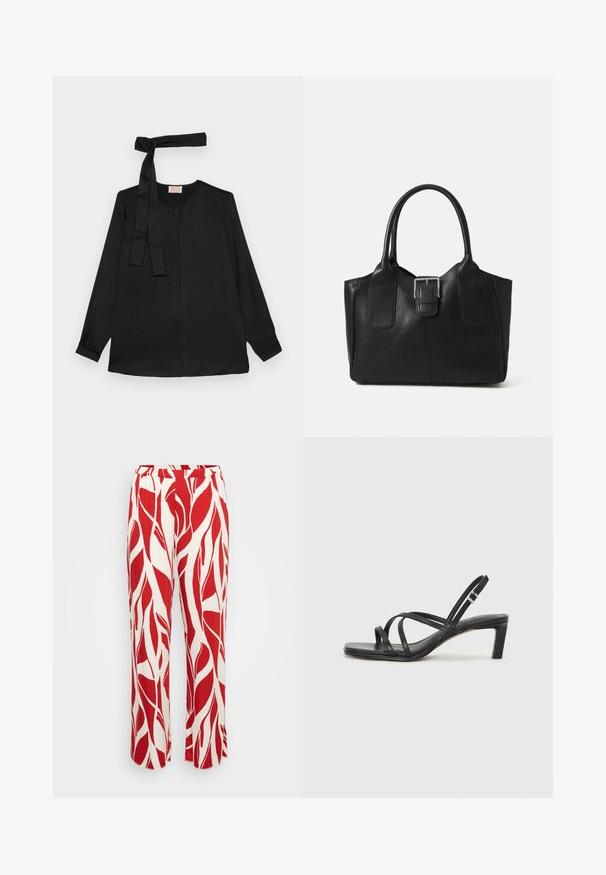 Black long-sleeve blouse in smooth fabric, featuring a button-down front and a tie detail at the neckline. Classic collar and cuffed sleeves.; Red and white patterned trousers with a leaf design, featuring a wide leg, elastic waistband, and lightweight fabric.; Black strappy sandal with a square toe and a low block heel. Features multiple thin straps and an adjustable ankle strap. Made of smooth leather.; Black leather tote bag with smooth texture, structured shape, two handles, and a prominent silver buckle detail on the front.