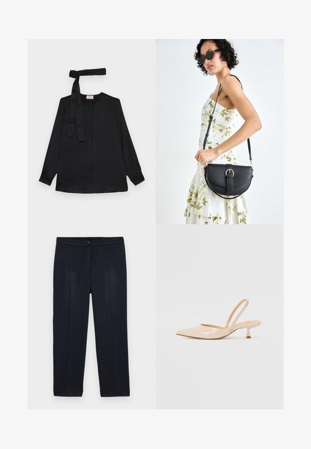 Fekete, hosszú ujjú blúz sima anyagból, gombos elülső résszel és megkötős részletekkel a nyaknál. Klasszikus gallér és mandzsettás ujj végződések.; Tengerészkék csíkos nadrág, függőleges fehér csíkos anyagból készült. Gombos záródással és egyenes lábbal rendelkezik.; Bézs színű lakkbőr slingback magassarkú cipők hegyes orral és vékony, négyzetes sarkú dizájnnal. Simább textúra és minimalista stílus, díszítések nélkül.; Fekete bőrtáska ívelt formával, levehető pánttal és arany színű fémrészekkel. A táskán egy csattal díszített fedél található.
