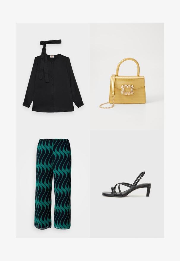 Fekete, hosszú ujjú blúz sima anyagból, gombos elülső résszel és megkötős részletekkel a nyaknál. Klasszikus gallér és mandzsettás ujj végződések.; Széles lábú nadrág, könnyű anyagból, tengerészkék hullám mintával sötét háttéren. Rugalmas derékszíj a kényelmes viseletért.; Fekete pántos szandál négyzetes orral és alacsony blokk sarkal. Több vékony pánttal és állítható boka pánttal rendelkezik. Sima bőrből készült.; Sárga műbőr krokodil mintás kézitáska strukturált kialakítással, felső fogantyúval, leválasztható lánccal és díszes kristály díszítéssel a záron.