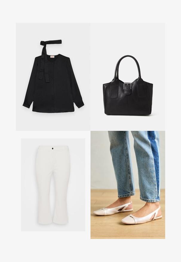 Bluză neagră cu mânecă lungă dintr-un material fin, având un gât cu nasturi și un detaliu legat la gât. Culoare clasică a gulerului și mâneci cu manșete.; Pantaloni albi scurți, dintr-un amestec de bumbac, cu închidere frontală cu nasture, bucle pentru curea și croială dreaptă. Textură netedă, stil casual.; Sandalete plate de un roz pal cu vârf ascuțit, realizate dintr-un material asemănător pielii, neted. Prezintă detalii decupate pe laterale și un toc plat.; Geantă tote din piele neagră cu textură netedă, formă structurată, două mânere și un detaliu proeminent din aliaj de argint pe partea din față.