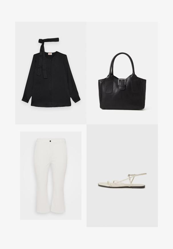 Bluză neagră cu mânecă lungă dintr-un material fin, având un gât cu nasturi și un detaliu legat la gât. Culoare clasică a gulerului și mâneci cu manșete.; Pantaloni albi scurți, dintr-un amestec de bumbac, cu închidere frontală cu nasture, bucle pentru curea și croială dreaptă. Textură netedă, stil casual.; Sandalie plate bej cu multiple bretele subțiri și o cataramă ajustabilă. Talpa este plată, cu un ușor contrast întunecat la margine.; Geantă tote din piele neagră cu textură netedă, formă structurată, două mânere și un detaliu proeminent din aliaj de argint pe partea din față.