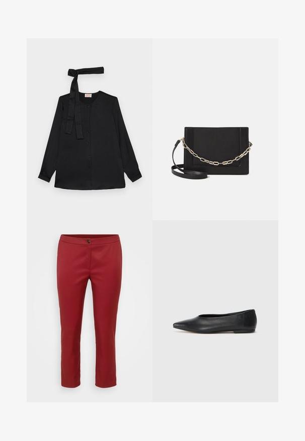 Svart bluse med lange ermer i glatt stoff, med knepping foran og en knyttedetalj ved halsen. Klassisk krage og mansjetter.; Røde skreddersydde bukser med glatt stoff, med frontlukking og rette ben, designet for en tettsittende silhuett.; Sorte lærballerina med spiss tå, minimalistisk design, glatt tekstur, lav hæl uten synlig metall eller dekorasjoner.; Svart lær crossbody-veske med glatt tekstur, rektangulær form og metallkjede detaljer på framsiden. Justerbar stroppe inkludert.