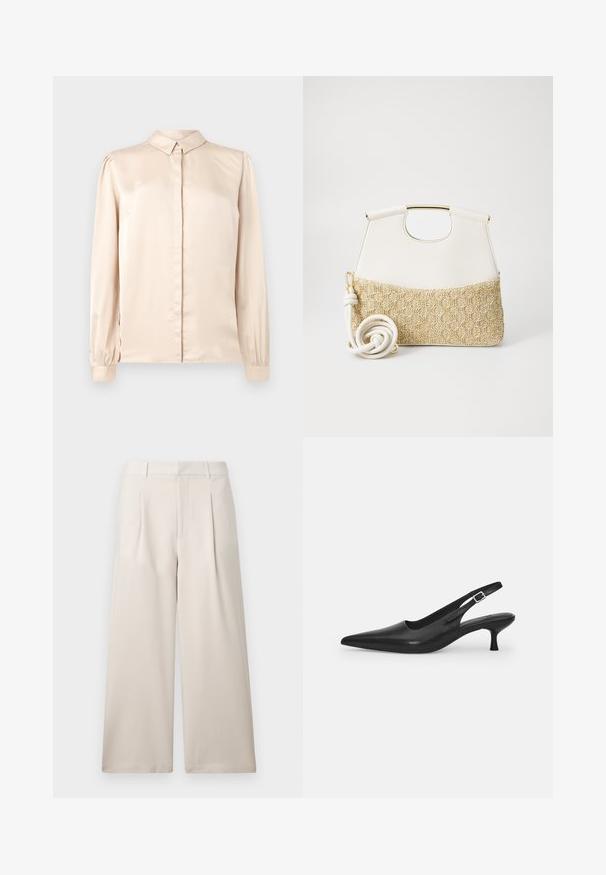 Beige selyem hosszúujjú ing, gombolós gallérral, elülső plackettel és fodros puffujjú mandzsettával. Simább, fényes textúra.; ONLY ONLLANDO PLEAT CULOTTE PANT - Nadrágok - pumice stone; Fekete bőr szandálcipő hegyes orral és karcsú, ívelt sarokkal. Diszkrét, állítható pánttal rendelkezik, fém csattal.; Fehér bőr kézitáska texturált krémszínű, szőtt anyagú aljjal. Aranyszínű fogantyúval és tekert fehér pánttal rendelkezik a sokoldalúság érdekében.