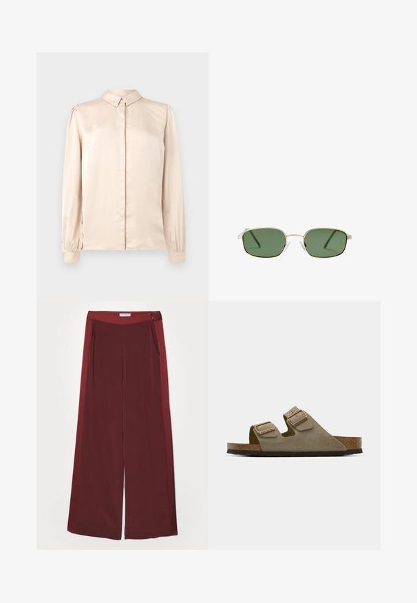 Beige satiini pitkähihaisissa paidassa on napituskaulus, etupaneeli ja kerätty puffihihna hihansuissa. Sileä, kiiltävä pinta.; Burgundy leveled-hameet, jotka ovat sileitä ja pehmeitä tekstuureiltaan. Niissä on tasainen vyötärö ja sivutaskut. Minimalistinen muotoilu ilman näkyvää varustusta.; Sandaalit vaaleasta taupe-nahasta, joissa on kaksi säädettävää hihnaa ja ruusukultaiset yksityiskohdat. Korkkipohja tekstuurilla varustetulla ruskealla pohjalla. Avoin varvasosa.; Aurinkolasit, joissa on kultainen metallikehys, vihreät linssit, suorakulmainen muoto ja kirkkaat muoviset nenätyynyt. Ohut ja hoikka varsi, jossa on minimaalinen muotoilu.