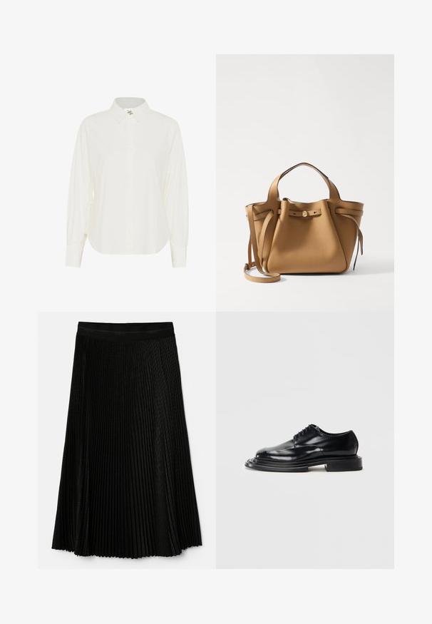 White button-up shirt with a classic collar, long sleeves, and a relaxed fit. Made from lightweight fabric with a smooth texture.; Black pleated skirt featuring a textured design, elastic waistband, and layered pleats for added movement and depth.; Black leather shoe with a glossy finish, rounded toe, laces, and a thick, flat sole. Features a layered, sculpted design.; Tory Burch ROMY PEBBLED SATCHEL - Handbag - tiramisu