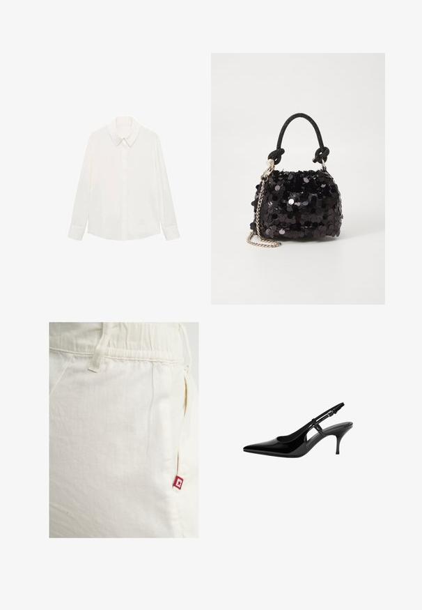 Bílá blůza s dlouhým rukávem vyrobená z hladké látky, která má klasický límeček, zapínání na knoflíky a manžety, s uvolněným střihem.; Krémové tepláky s elastickým pasem a boční kapsou, které mají malou červenou nášivku s logem hvězdy na pravé kapse.; Černé lakované kožené lodičky typu slingback s špičatou špičkou, otevřenými bočními výřezy, štíhlým podpatkem a nastavitelným páskem kolem kotníku.; Černá mini kabelka s flitry, s uzlovým texturovaným popruhem a stříbrným řetízkem. Zaoblený tvar s nařaseným vrchem a reflexními detaily.