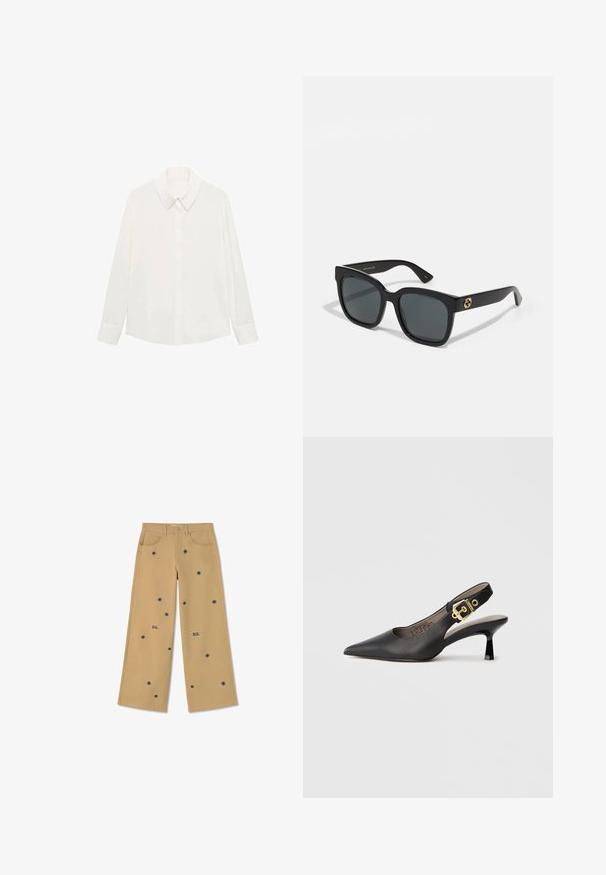 Blouse blanche à manches longues en tissu lisse, dotée d'un col classique, d'un devant boutonné et de poignets, avec une coupe décontractée.; Thinking Mu HEDDA - Pantalon classique - camel; Chaussure à talon haut noire à bride arrière, avec un bout pointu, une texture en cuir lisse et une accent de boucle dorée sur la bride.; Lunettes de soleil noires avec des verres rectangulaires, présentant une finition brillante et des accents de logo dorés sur les branches. Les verres gris foncé offrent une protection UV.
