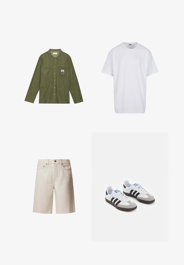 Olivgrünes Cordhemd mit langen Ärmeln, Knopfverschluss, zwei Brusttaschen und einem Berggrafik-Patch auf der linken Tasche.; Weiße Baumwoll-T-Shirt mit kurzen Ärmeln, rundem Ausschnitt, lockerer Passform und ohne sichtbare Logos oder Muster. Glatte Textur und minimalistisches Design.; Beige Jeansshorts mit geradem Schnitt, fünf Taschen, oberem Knopf und Gürtelschlaufen. Glatte Textur mit dezenten Nähdetails.; Sportschuhe mit einem Obermaterial aus weißem Leder, grauer Wildleder-Zehenkappe und drei schwarzen Streifen. Sie verfügen über ein blaues Logo auf der Zunge und eine strukturierte Gummisohle.