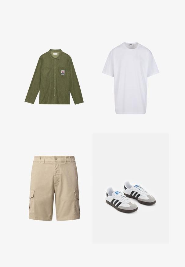 Maslinasto zelena korduroy košulja dugih rukava, s kopčanjem na gumbe, dva džepa na prsima i zakrpa s grafikom planine na lijevom džepu.; Bijela pamučna majica s kratkim rukavima, zaobljenim izrezom, opuštenog kroja, bez vidljivih logotipa ili uzoraka. Glatka tekstura i minimalni dizajn.; Bež kratke hlače od pamuka. Imaju dva bočna džepa, kopčanje na gumb i detalje šivanja. Dizajn ravnih nogavica.; Sportske cipele s gornjištem od bijele kože, sivi suedinasti nos i tri crne pruge. Imaju plavi logo na jeziku i teksturiranu gumenu podlogu.
