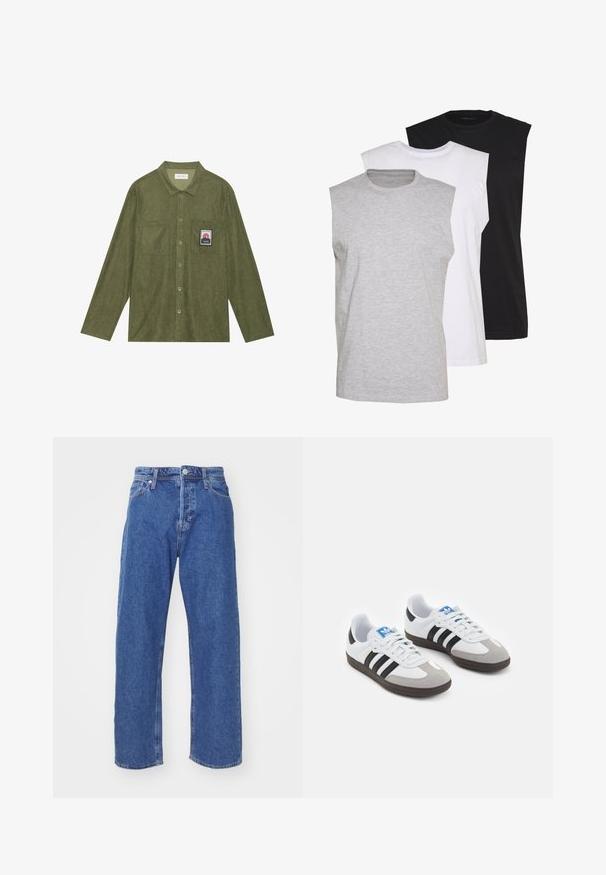 Camisa de corduroy verde oliva com mangas longas, fecho de botão, dois bolsos no peito e um emblema gráfico de montanha no bolso esquerdo.; Três t-shirts sem mangas em cinza, branco e preto. Material de algodão macio com decote redondo e corte descontraído. Design simples, sem padrões.; Jeans de ganga azuis com um design de perna reta, apresentando fecho de botão e fecho éclair, estilo de cinco bolsos e detalhes de costura mínimos.; Ténis desportivos com um cabedal em pele branca, biqueira em camurça cinza e três riscas pretas. Apresenta um logo azul na língua e uma sola de borracha texturizada.