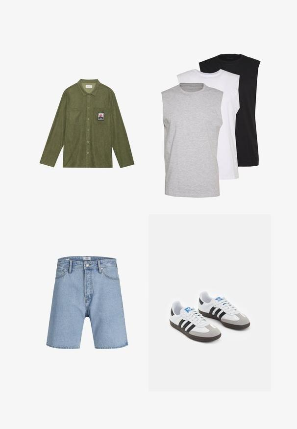 Olivgrünes Cordhemd mit langen Ärmeln, Knopfverschluss, zwei Brusttaschen und einem Berggrafik-Patch auf der linken Tasche.; Drei ärmellose T-Shirts in Grau, Weiß und Schwarz. Weiches Baumwollmaterial mit Rundhalsausschnitt und lockerer Passform. Einfaches Design, keine Muster.; Jack & Jones ITONY ORIGINAL - Jeans Shorts - blue denim; Sportschuhe mit einem Obermaterial aus weißem Leder, grauer Wildleder-Zehenkappe und drei schwarzen Streifen. Sie verfügen über ein blaues Logo auf der Zunge und eine strukturierte Gummisohle.