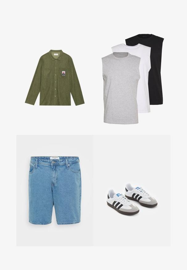 Olijfgroen corduroyhemd met lange mouwen, knoopsluiting, twee borstzakken en een bergafbeelding patch op de linkerzak.; Drie mouwloze T-shirts in grijs, wit en zwart. Zacht katoenmateriaal met een ronde hals en een relaxte pasvorm. Eenvoudig ontwerp, geen patronen.; Lichtblauwe denim shorts met een klassieke pasvorm. Bevat vijf zakken, een knoopsluiting en een subtiele vervaagde textuur. Gemaakt van katoen.; Sportschoenen met een witte leren bovenkant, grijze suède neus en drie zwarte strepen. Bevat een blauw logo op de tong en een gestructureerde rubberen zool.