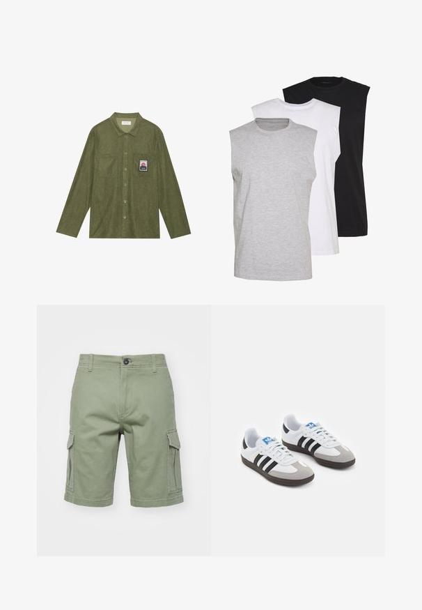 Olive green corduroy shirt with long sleeves, button closure, two chest pockets, and a mountain graphic patch on the left pocket.; Three sleeveless t-shirts in gray, white, and black. Soft cotton material with a crew neck and relaxed fit. Simple design, no patterns.; Green cargo shorts made of cotton, featuring side pockets, a button closure, and stitched seams. The design is straight-cut with a hem finish.; Sport shoes with a white leather upper, gray suede toe, and three black stripes. Features a blue logo on the tongue and a textured rubber sole.