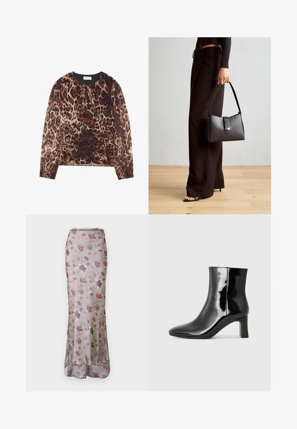 Blouse à imprimé léopard avec un col rond et un détail à nouer, dotée de longues manches transparentes. Le tissu a une texture légère et lisse.; Jupe maxi florale en tissu léger et transparent. Elle présente une base grise avec des motifs roses et violets et un ourlet évasé.; Bottines en cuir verni noir avec un bout pointu et un talon block de hauteur moyenne. Texture lisse et design minimaliste.; Sac à main noir à la forme structurée, texture lisse et fermoir métallique. Associé à un pantalon noir ample et des sandales ouvertes sur un sol en bois.