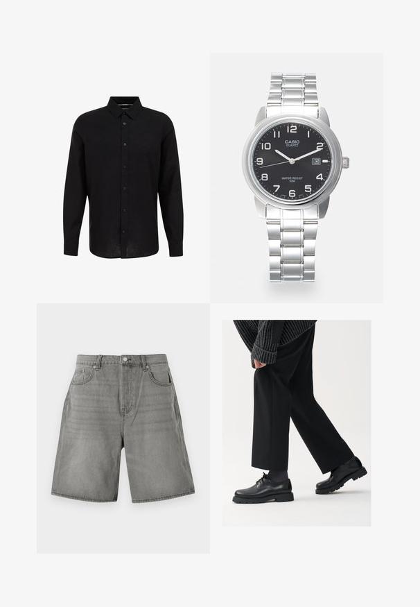 Zwarte langesleeve shirt met een knoopsluiting aan de voorkant, formele kraag en gestructureerde stof. Het heeft een rechte snit en zwarte knopen.; Grijze denim shorts met een klassieke vijf-pocket stijl, omgeslagen zomen en een knoopsluiting. Stof heeft een licht versleten textuur.; Zwarte leren schoenen met een afgeronde neus, vetersluiting en een dikke, getextureerde zool. Draagt een gepaste zwarte broek en een geribbelde trui.; Kwarts horloge met een zilveren roestvrijstalen band, ronde zwarte wijzerplaat, witte uurmarkeringen en een datumaanduiding op 3 uur. Waterbestendig tot 50 meter.