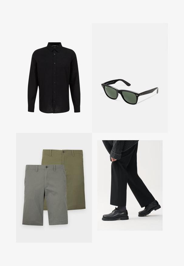 Camicia nera a maniche lunghe con chiusura a bottoni, colletto formale e tessuto testurizzato. Presenta un taglio dritto e bottoni neri.; Due pares di pantaloni corti nei colori verde e oliva. Entrambi hanno una texture liscia, chiusura con bottoni e un design con frontale piatto. Nessun motivo visibile.; Scarpe in pelle nera con punta arrotondata, design con lacci e suola spessa e texture. Indossate con pantaloni neri su misura e un maglione a coste.; Occhiali da sole in plastica nera con lenti verdi, montatura quadrata, dettaglio argento sulla parte superiore e steli con texture. Marchio indicato sulla parte interna dello stelo.
