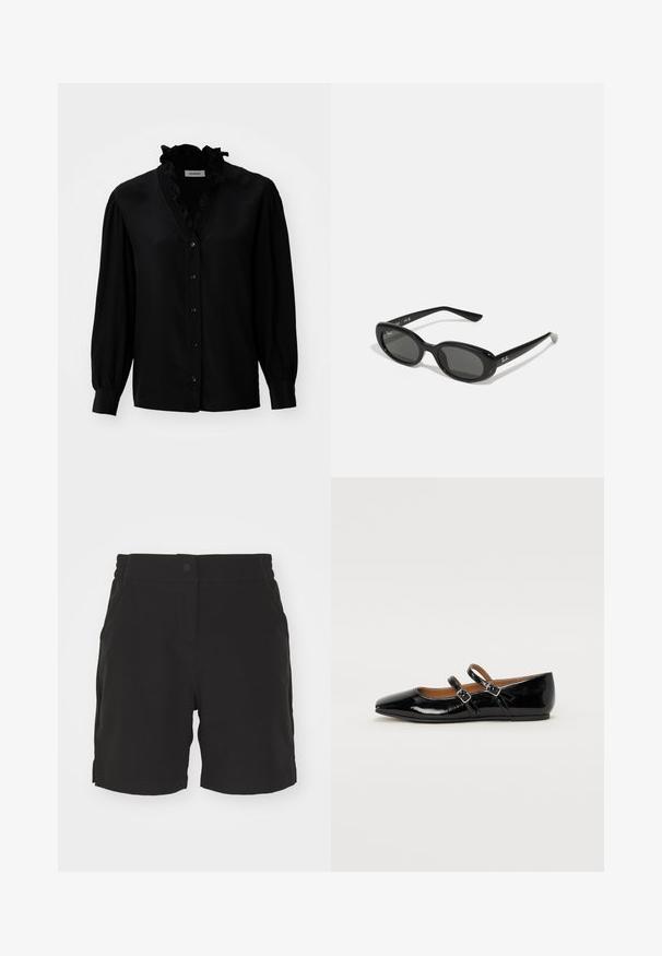 Juoda palaidinė su raukšlėtu V formos kaklu, ilgomis pūstomis rankovėmis ir mygtukų uždarymu. Pagaminta iš lygaus audinio su nedideliu blizgesiu.; Juodi šortai iš lygaus audinio, su mygtuko uždarymu, elastinga juosmena ir šoninėmis kišenėmis. Tiesus kirpimas su apdirbtu apačiu.; Juodų lakinės odos butai su smailiu pirštu, dviem sagtimis per vampą ir žemu, suapvalintu kulniuku.; Juodos saulės akiniai su ovaliais lęšiais, blizgiai plastikinis rėmas ir plonos kojelės. Šone matomas balta Ray-Ban logo.; Burgundi odos rankinė su kreiva forma, auksiniu apvaliu detaliu ir vienu peties dirželiu. Lygus paviršius, minimalistinis dizainas.