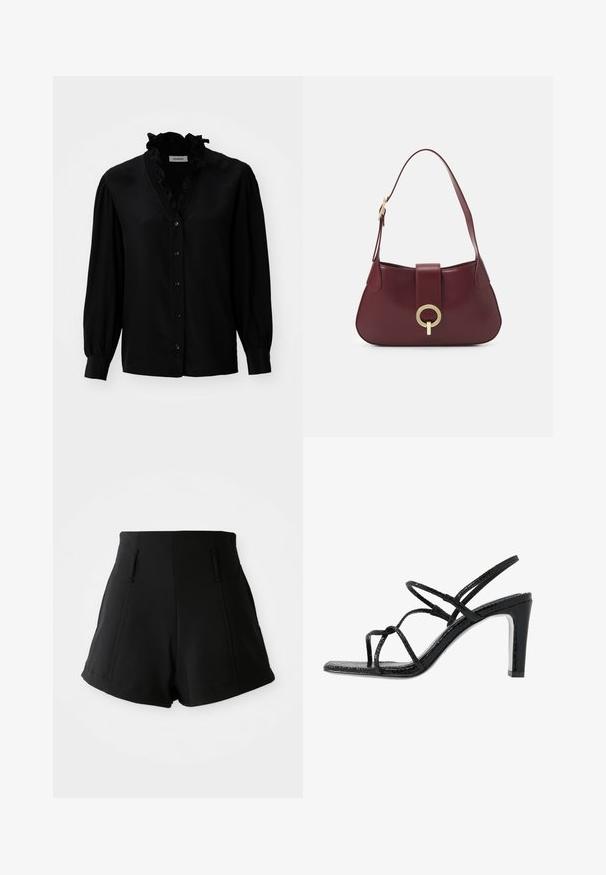 Czarna bluzka z falbaniastym dekoltem w kształcie litery V, długimi bufkami i zapięciem na guziki. Wykonana z gładkiego materiału z delikatnym połyskiem.; Czarne szorty o wysokim stanie, wykonane z gładkiego materiału, z dwiema przednimi kieszeniami, dopasowanym krojem i czystymi, prostymi liniami.; Czarne sandały na obcasie z cienkimi paskami, teksturowanym wykończeniem, otwartym palcem oraz eleganckim, spiczastym kształtem obcasa. Posiadają gładką wkładkę oraz błyszczącą powierzchnię.; Burgundowa skórzana torebka w kształcie zakrzywionym, z złotym okrągłym akcentem ozdobnym i pojedynczym paskiem na ramię. Gładka powierzchnia, minimalistyczny design.