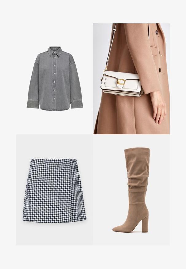 Camicia in denim grigia con design a bottoni sul davanti, colletto classico e maniche lunghe con polsini. Tessuto morbido e vestibilità rilassata.; Mini gonna a quadretti blu navy e bianchi, realizzata in tessuto texturizzato con forma svasata e zip laterale nascosta per la chiusura.; Anna Field Stivali alti - beige; Borsa a tracolla bianca in pelle con una chiusura dorata, caratterizzata da un design strutturato, bordi in contrasto e una sottile tracolla regolabile.