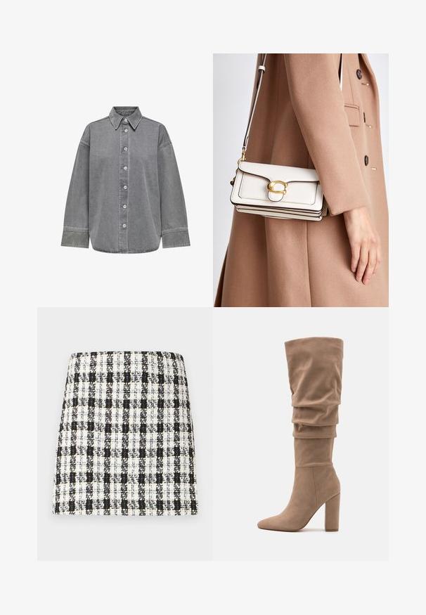 Pelēka džinsa krekls ar pogu priekšējo daļu, klasisku apkakli un garām piedurknēm ar aprocēm. Gluda tekstūra un brīva piegriezuma.; Melnā un baltā pārbaude svārki, izgatavoti no teksturēta auduma, ar strukturētu dizainu, taisnu griezumu un minimālu apdari.; Anna Field Zābaki - beige; Baltas ādas crossbody soma ar zelta sprādzi, ar strukturētu dizainu, kontrastējošām malām un plānu regulējamu siksnu.