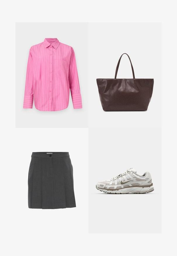 Gina Tricot POPLIN - Užsagstoma palaidinė - pink; Pilkos spalvos klostuota sijonas su juosmeniu, kuris turi priekinį mygtukų uždarymą. Pagamintas iš tekstūruoto audinio, skirtas pritaikytam silueto efektui.; Balti sportiniai bateliai su tinklelio viršumi, šviesiai rudos detalės ir paminkštintu padu. Yra raištelių uždarymas ir tekstas šone.; Rudos pintos odinės rankinės su dviem rankenomis, struktūrine forma ir tekstūruotu paviršiumi, kuriame yra deimantiniai raštai.