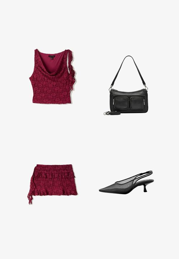 Bordowy koronkowy top z drapowanym dekoltem, z gładką podszewką i asymetrycznymi koronkowymi ramiączkami. Teksturowany kwiatowy wzór na całej powierzchni.; Bordowa koronkowa spódnica z falbaną i warstwowym designem. Charakteryzuje się miękką teksturą i regulowanym wiązaniem z boku.; Next COMFORT REGULAR FIT czarny; Czarna skórzana torebka na ramię z dwoma kieszeniami na zamek z przodu, pojedynczym paskiem na ramię i srebrnymi akcentami. Gładka tekstura i elegancki design.