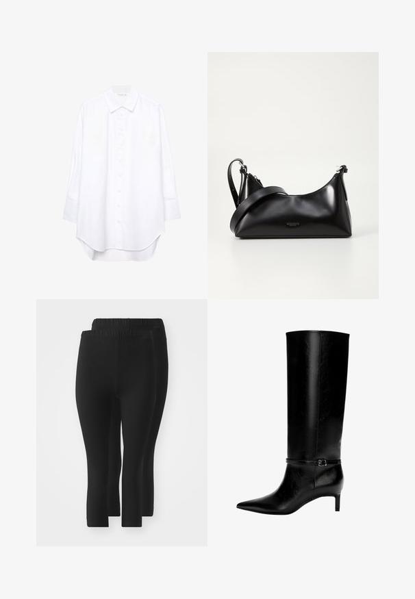 Vit långärmad skjorta med knappar, spetskrage och rundad nederkant, uppvisad mot en enfärgad bakgrund.; Svarta leggings med elastisk midja, med en slät yta, längd till mitten av vaderna och inga synliga mönster eller dekorationer.; Svart läder knähöga stövlar med spetsig tå och en liten klack. Har ett smalt band med en metallspänne runt vristen. Slät yta.; Svart läderhandväska med en slät yta. Har en justerbar axelrem och en elegant, minimalistisk design med dragkedja.