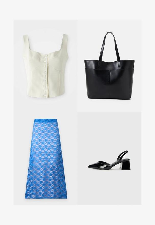 Krämfärgad ärmlös kort topp med breda axelband och en rad av små vita knappar framtill i mitten.; Blå spetsmaxikjol med en genomskinlig textur, prydd med ett blomsterdesign och en enhetlig blå midja. Flödar mjukt från höften till fållen.; Svarta lackläder slingback klackar med spetsig tå och geometrisk klack. Har en elegant, minimalistisk design och slät yta.; Svart läder tote-väska med två långa handtag, en slät yta och en strukturerad form. Har en framficka för extra förvaring.