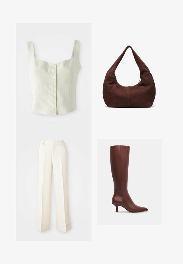 Top cropped sem mangas, na cor creme, com alças largas e uma fileira frontal de pequenos botões brancos ao centro.; Calças largas bege com uma textura suave, pregas frontais e punhos dobrados. Apresenta passantes para cinto e fecho com fecho de correr.; Bota alta até ao joelho em pele castanha, com bico pontudo e salto afunilado. Textura suave sem padrões visíveis ou acabamentos em hardware.; Bolsa hobo em camurça castanha com uma alça curva e larga e uma grande abertura. Textura suave com costura visível ao longo das bordas.